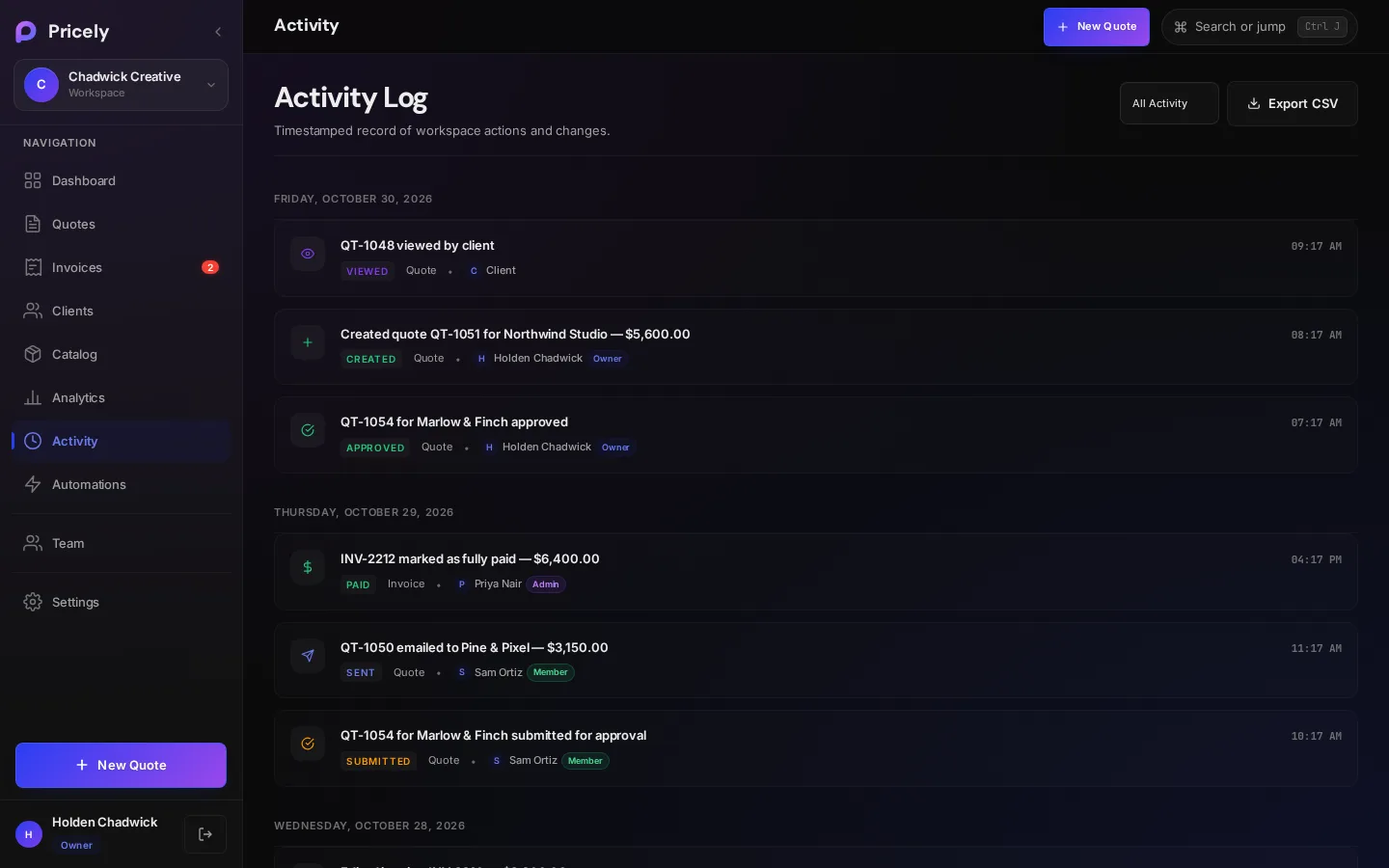 Activity log grouped by day