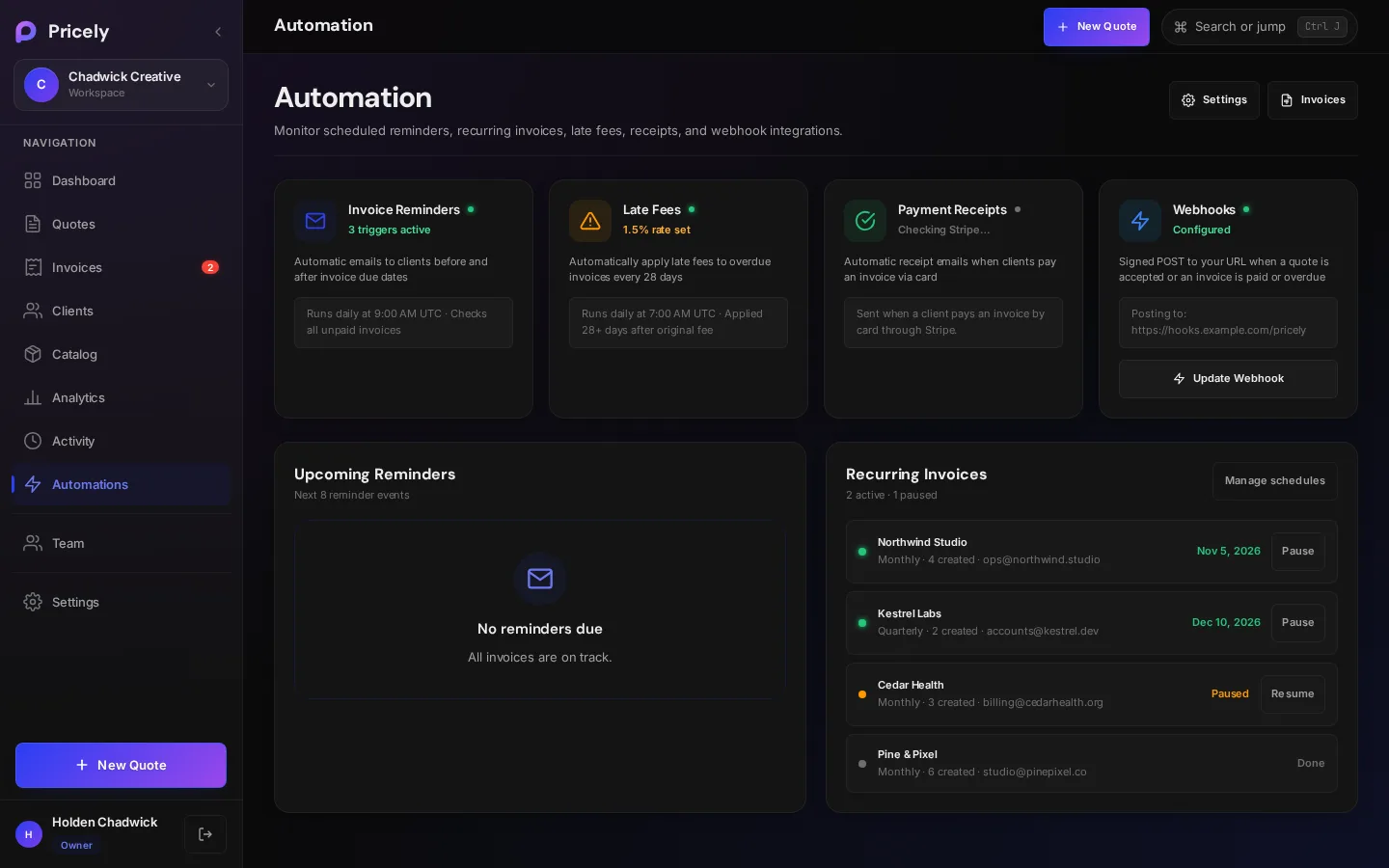 Automation page with upcoming reminders and recurring invoices