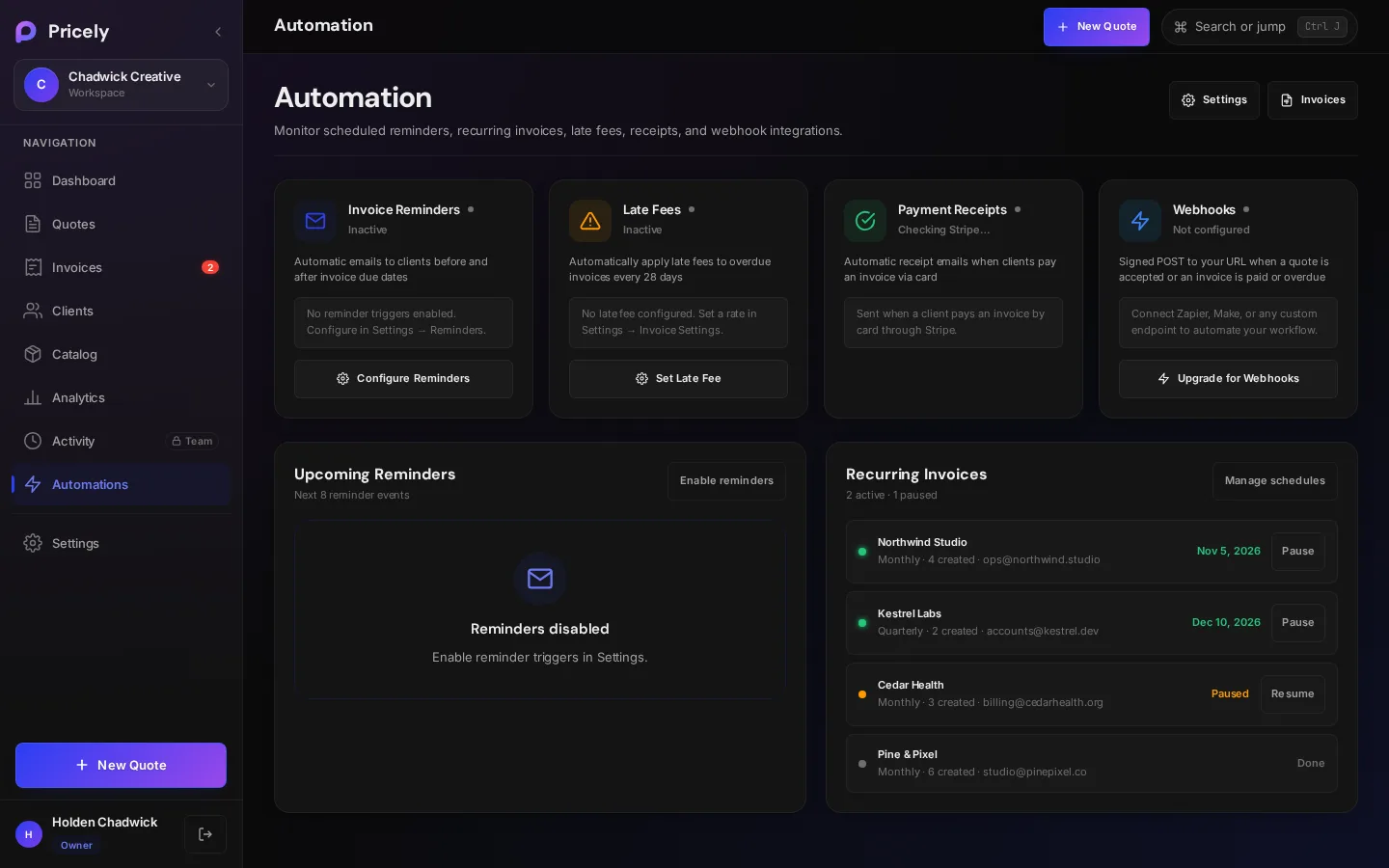 The Automation page with four status cards