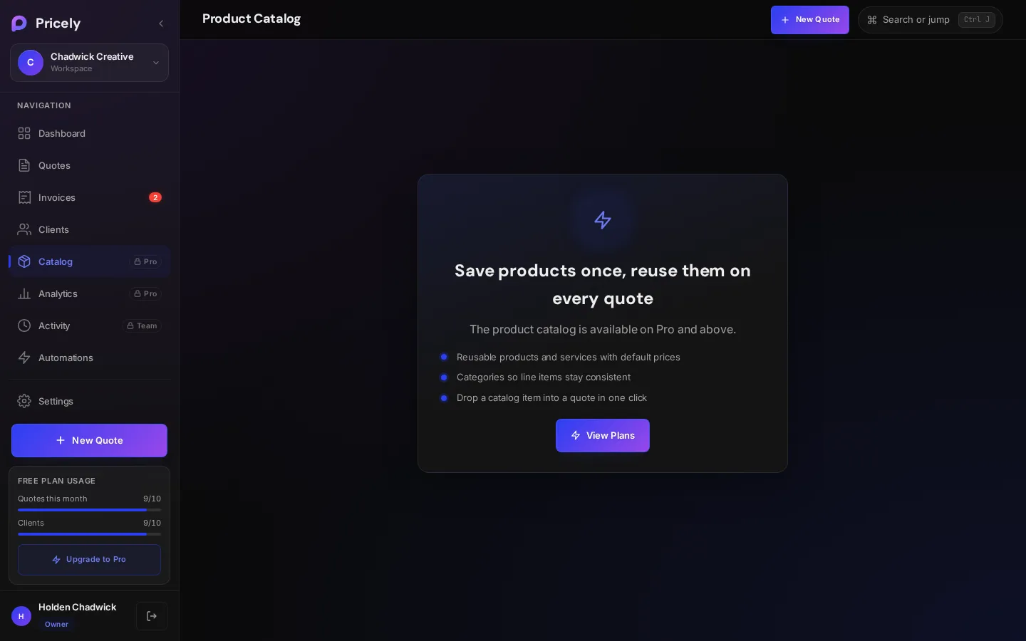 The catalog page on the Free plan with an upgrade prompt