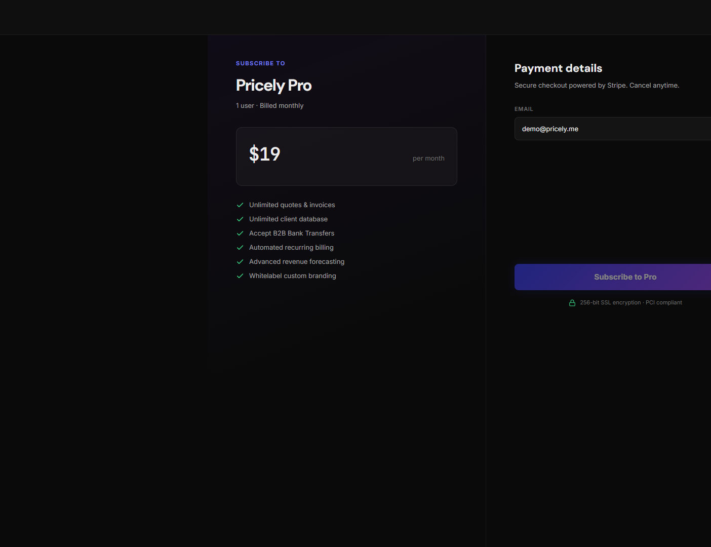 Pricely Pro checkout with Stripe