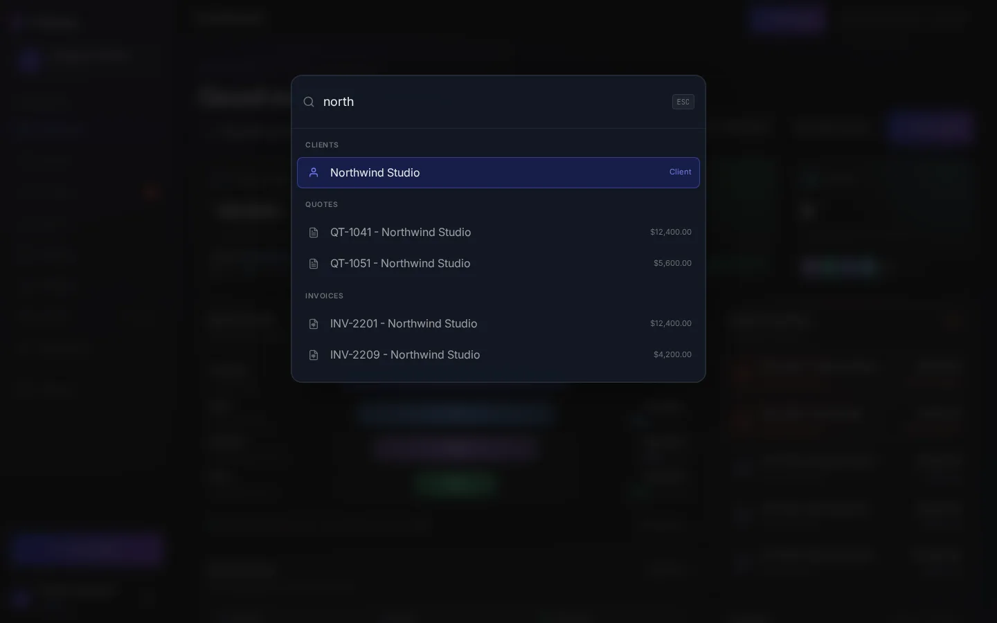 The command palette open over the dashboard