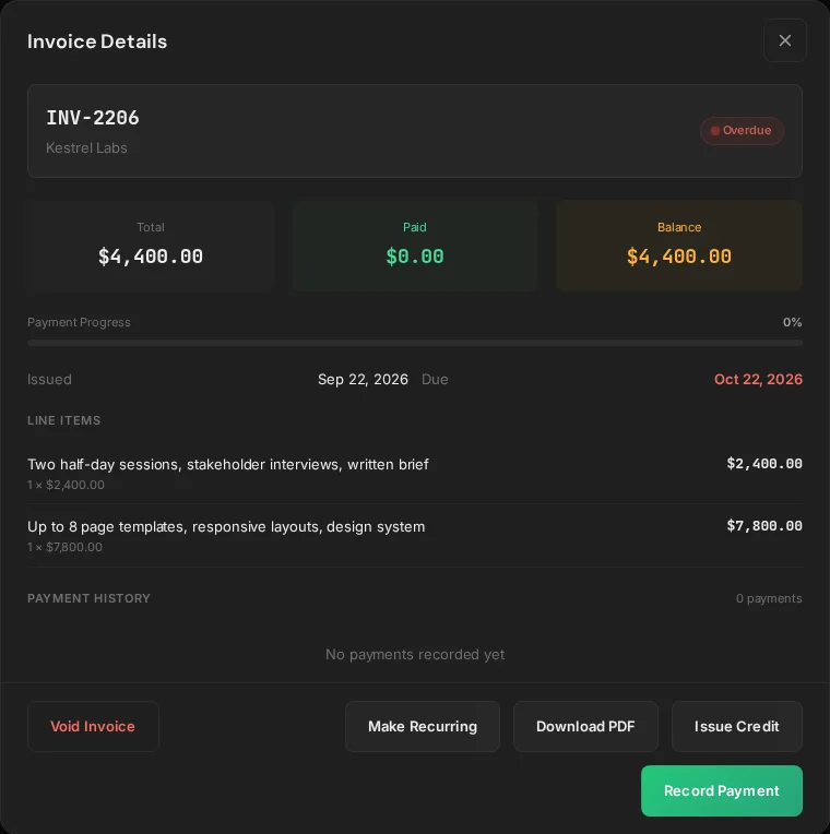 Invoice details with total, paid and balance, and actions to record a payment
