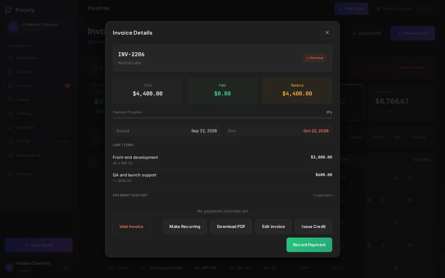 Invoice details with total, paid and balance, and actions to record a payment