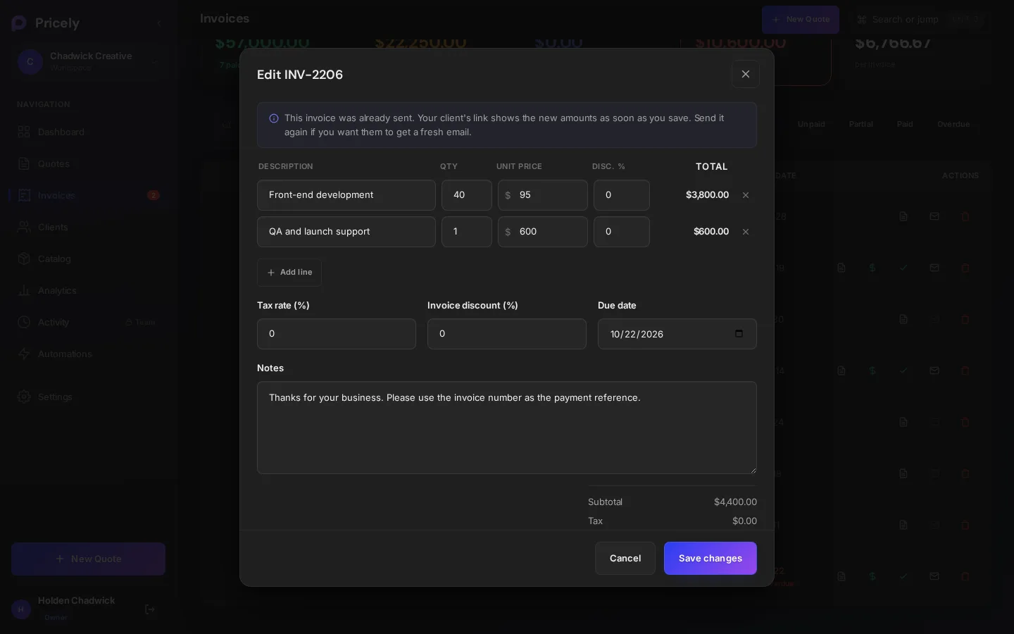 The Edit invoice window with line items, tax rate, invoice discount, due date and notes