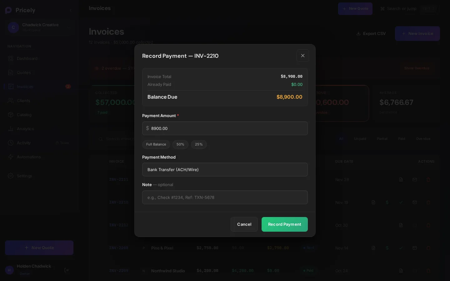 The Record Payment dialog with amount presets and payment methods