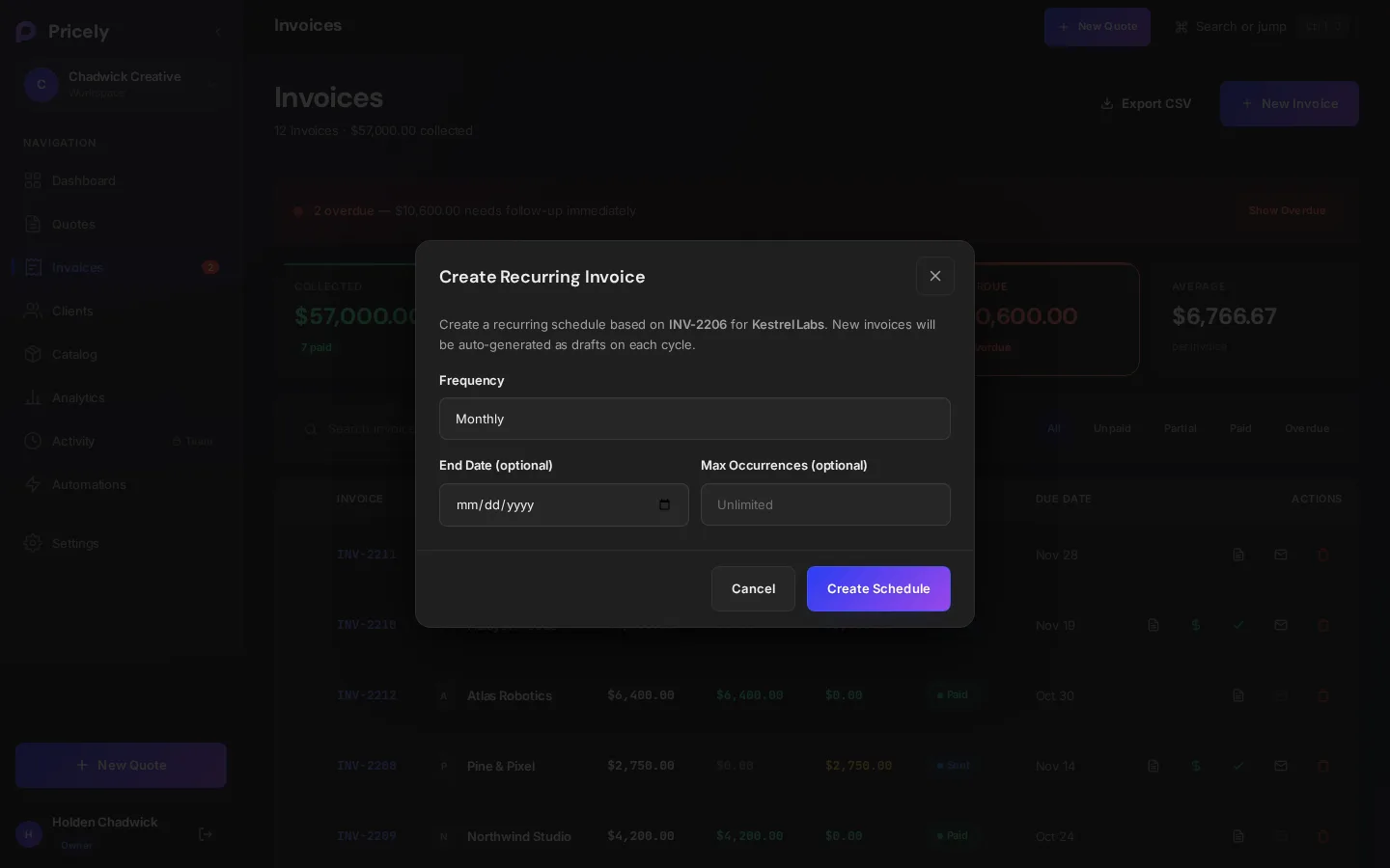 The Create Recurring Invoice dialog with frequency, end date and max occurrences