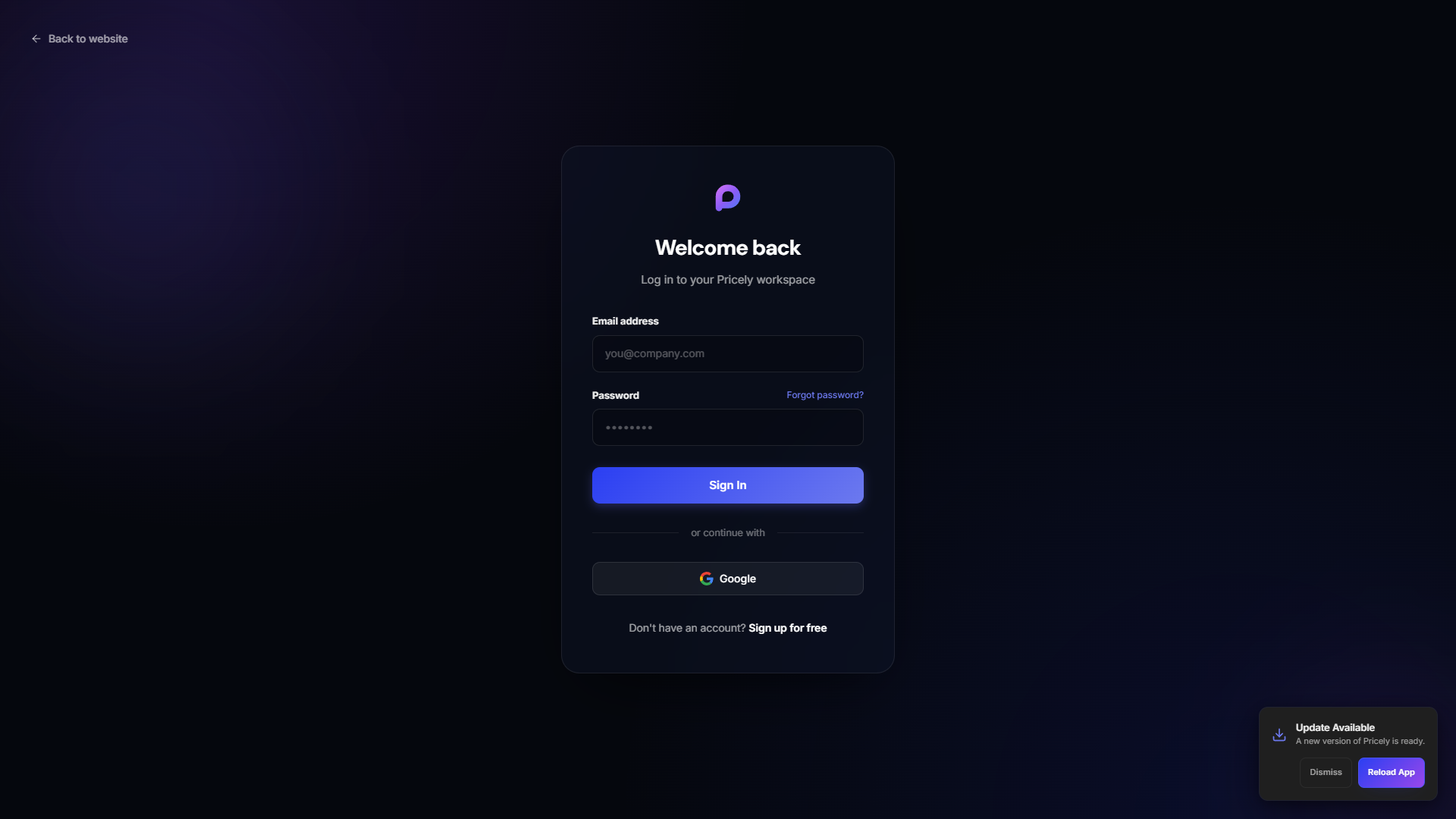 Pricely login screen