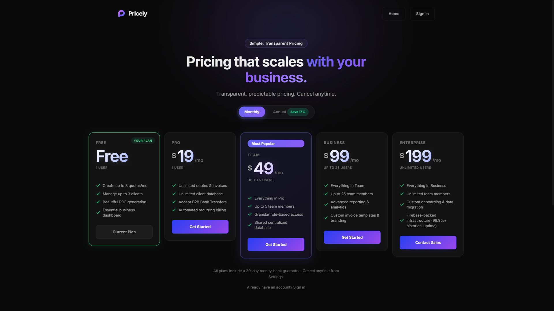 In-app Pricely pricing cards