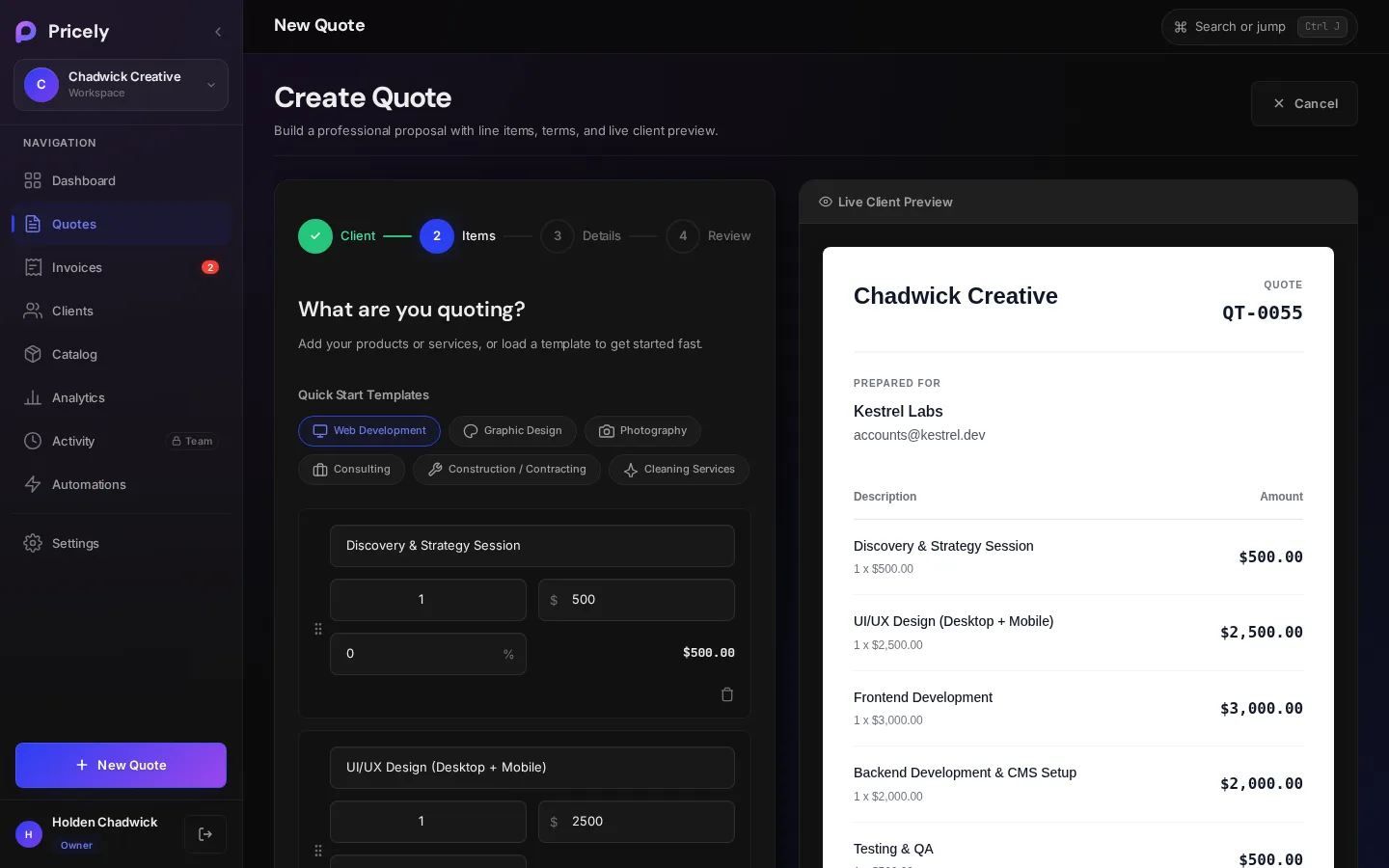 The Items step of the quote builder with line items and a live client preview