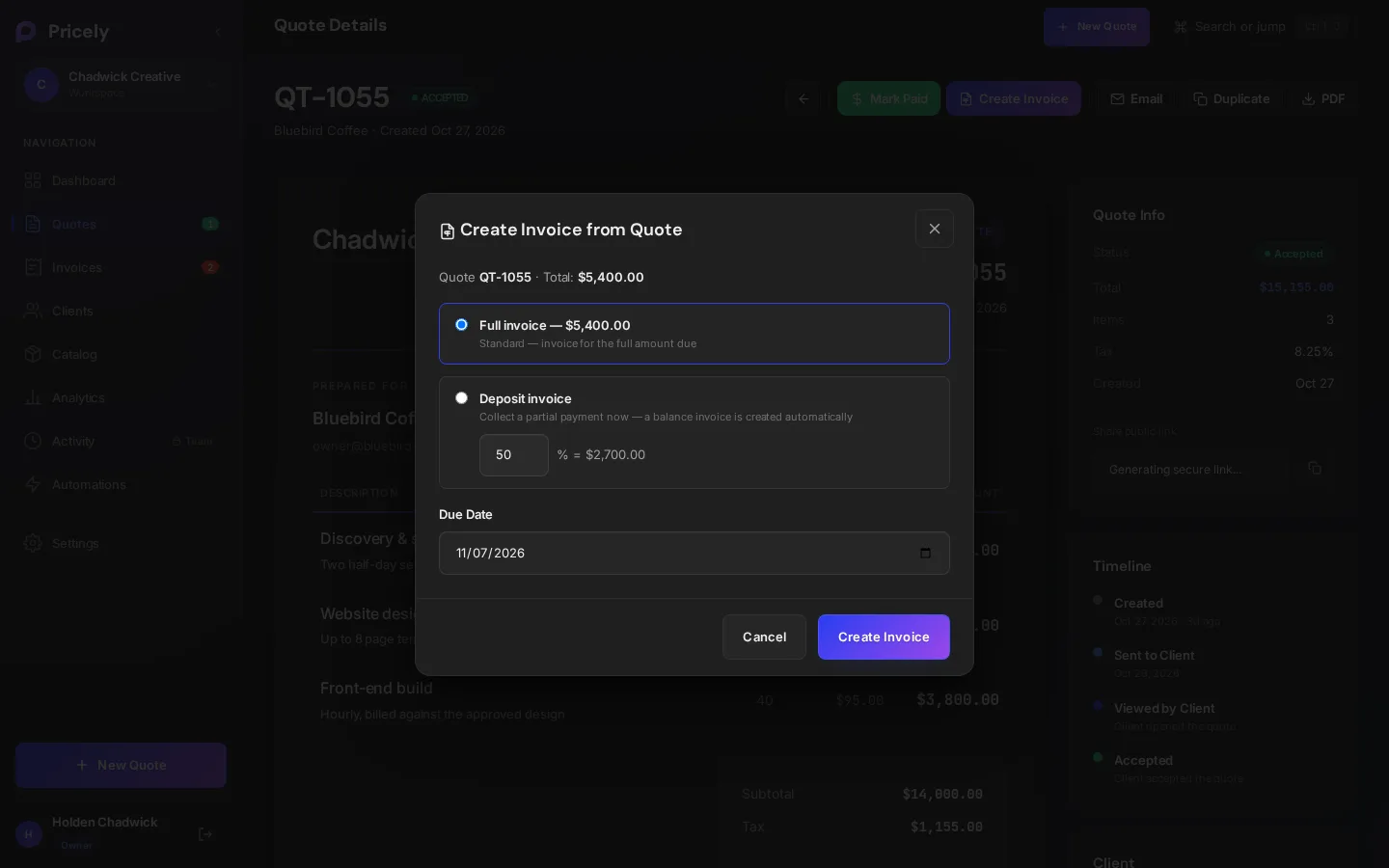 The Create Invoice from Quote dialog with Full invoice and Deposit invoice options