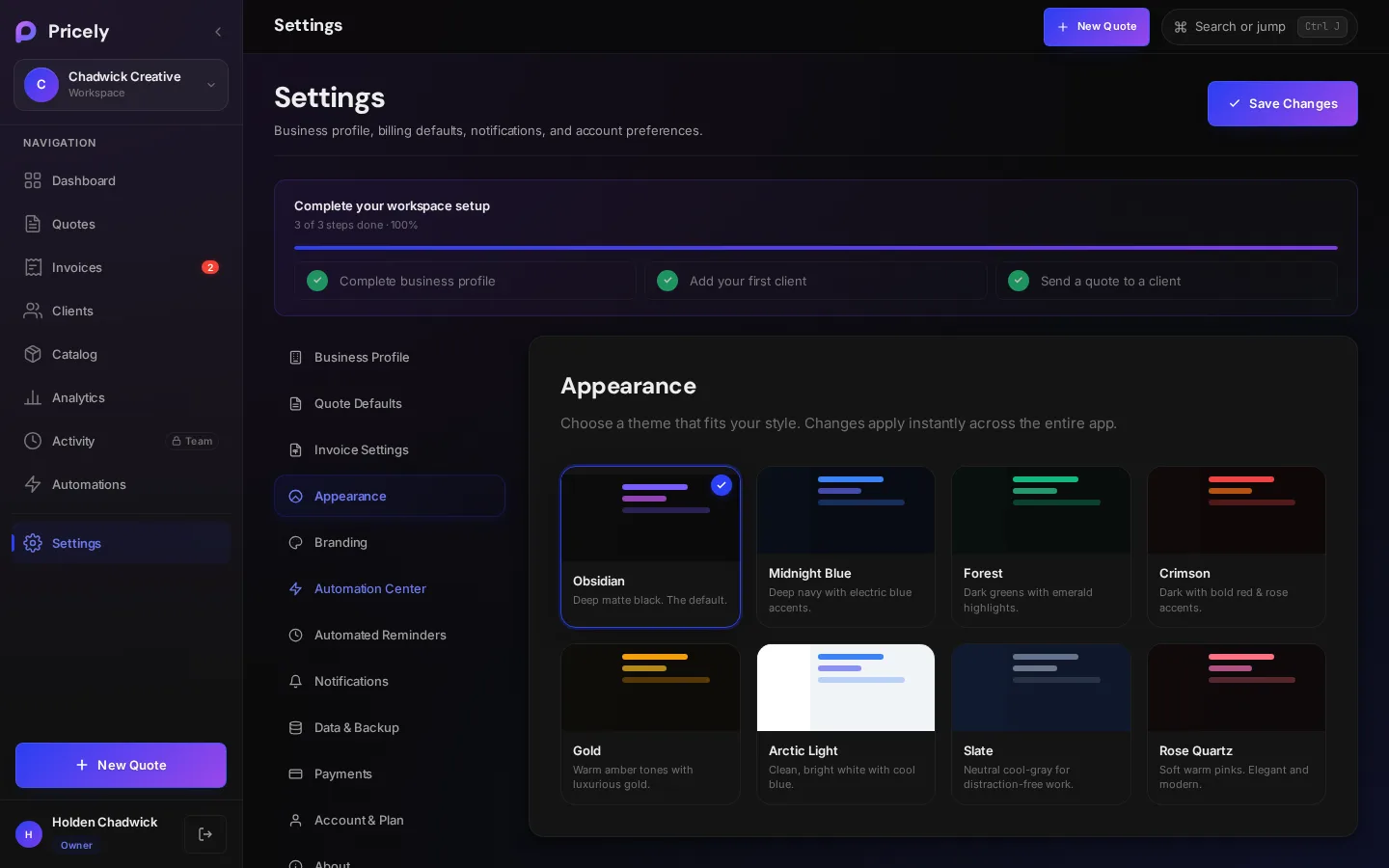 Appearance settings with theme cards