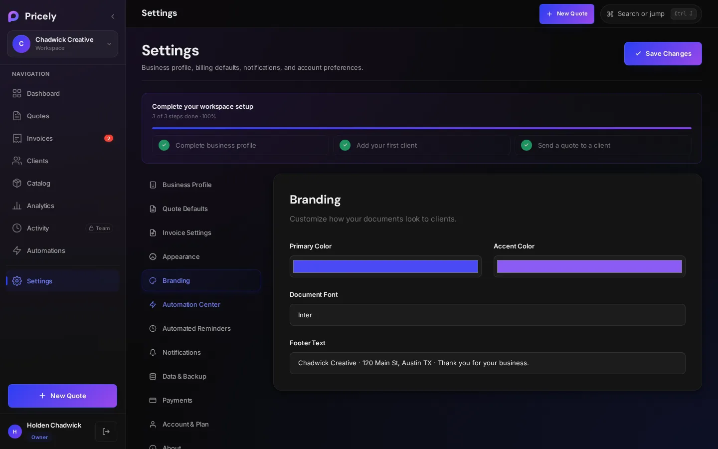 Branding settings with colors, font and footer