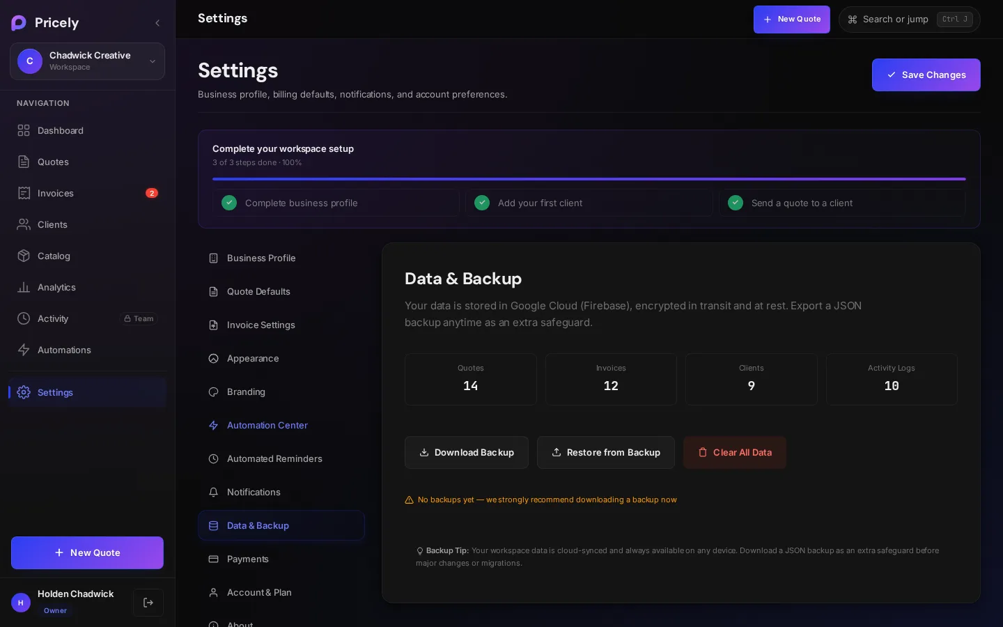 Data and Backup settings with record counts and backup buttons