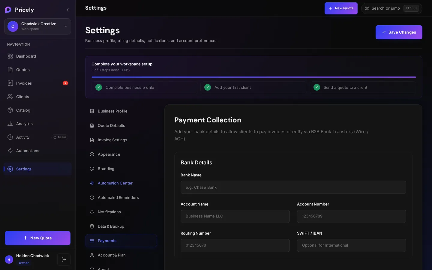Settings, Payments: Stripe Connect and bank details