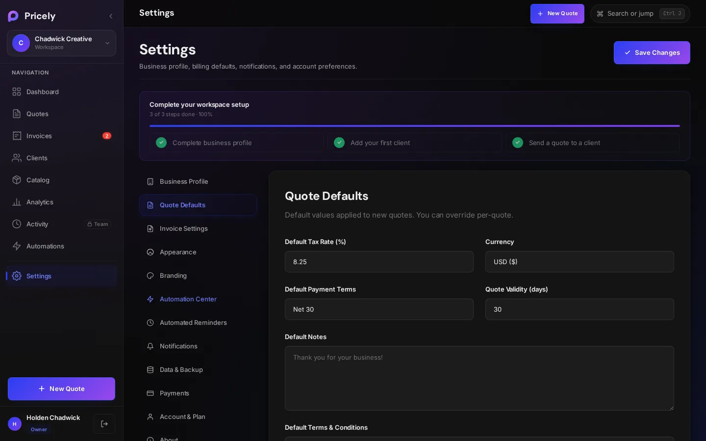 Quote Defaults settings