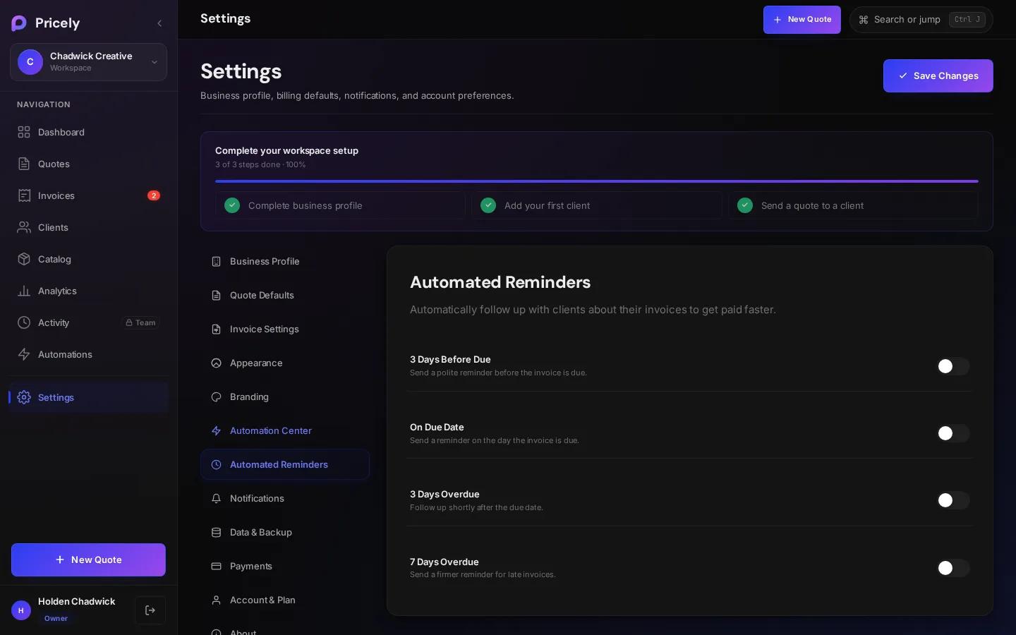 Settings, Reminders with four reminder toggles
