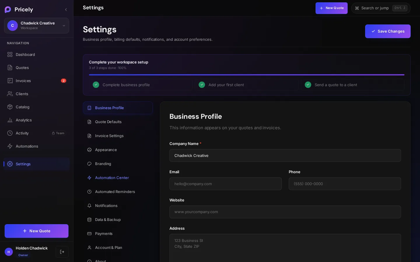 Settings with the section list on the left