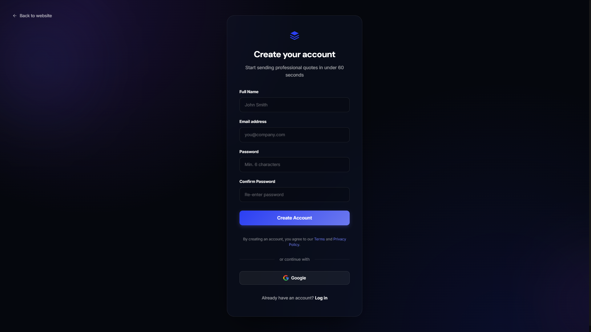 Pricely sign-up form