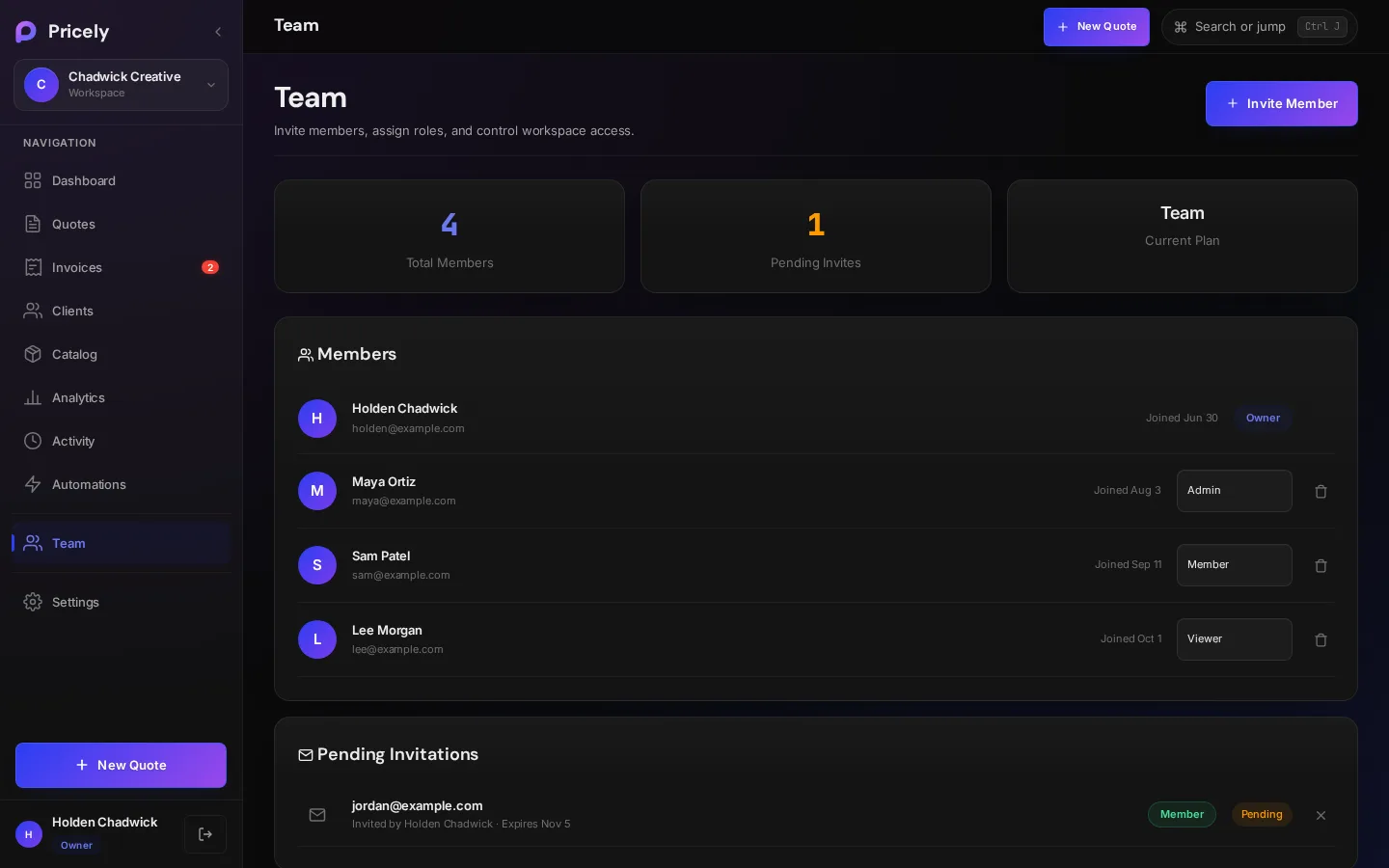 Team page with members, roles and pending invites