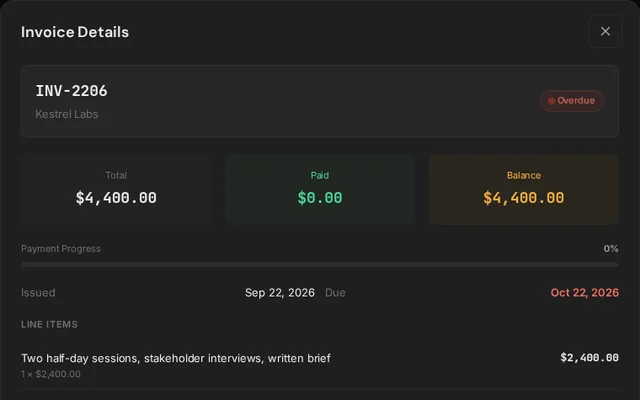 Invoice details with total, paid and balance