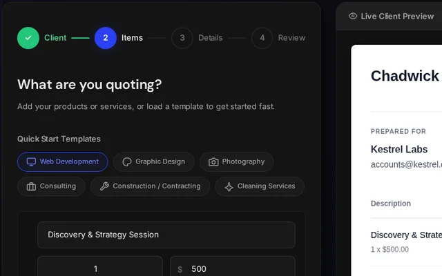 The quote builder with line items and a live client preview