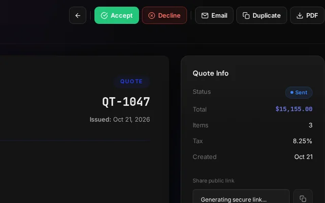 A sent quote with Accept, Decline and Email actions