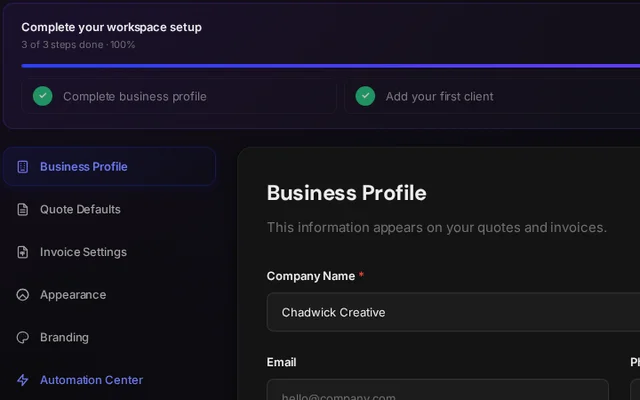 Settings with the workspace setup checklist