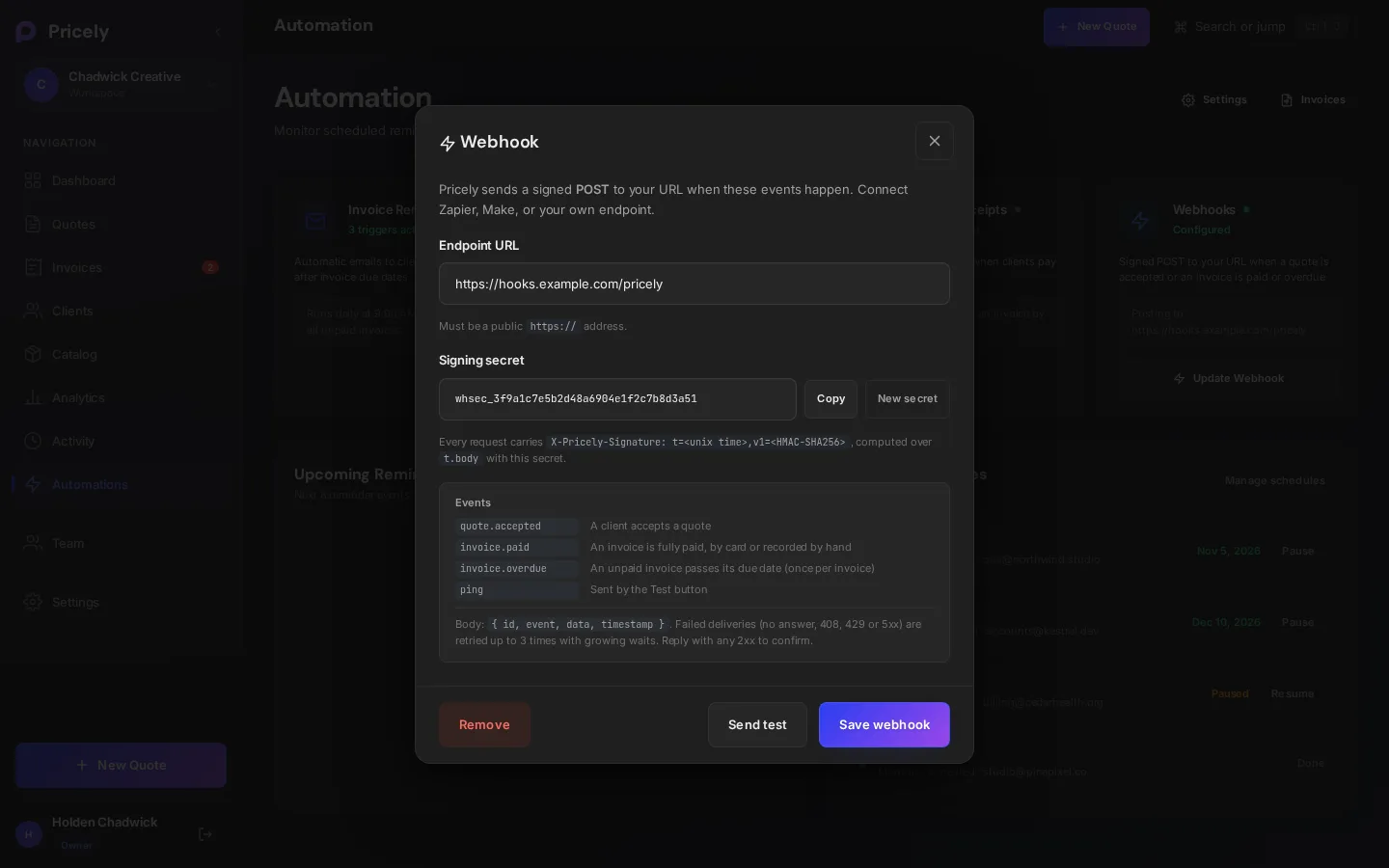 The Webhook dialog with an endpoint URL, signing secret, event list and Send test button