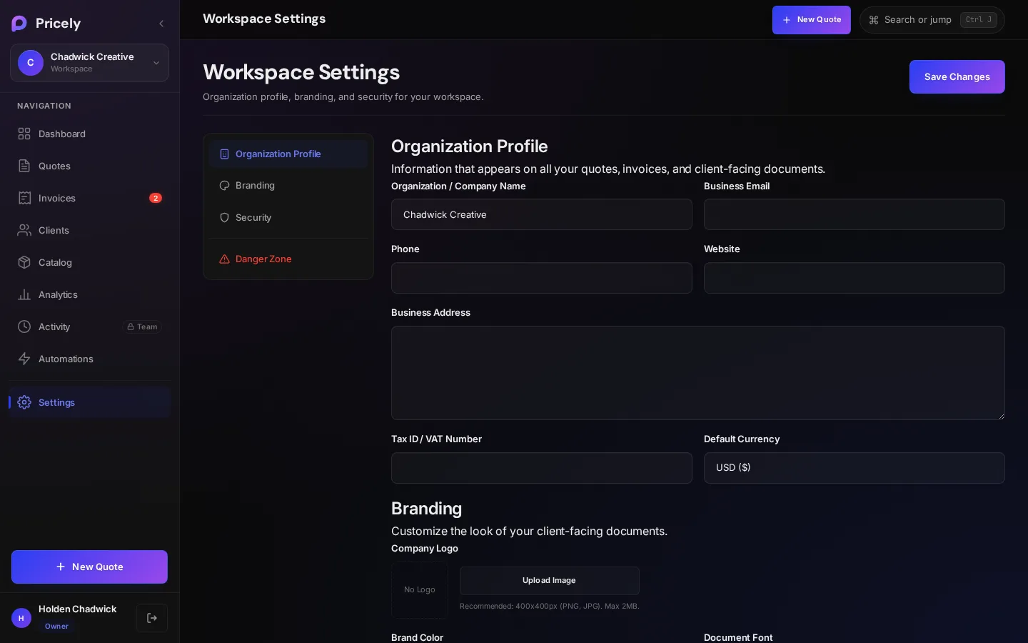 Workspace settings with organization profile, branding and team